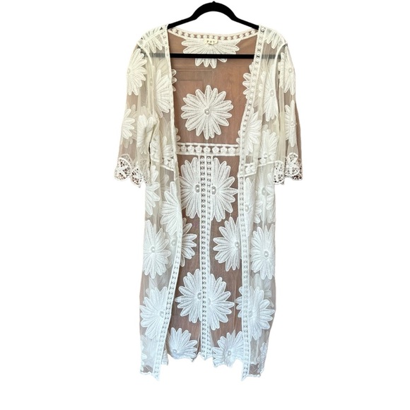 POL White Sheer Mesh Floral Embroidered Long Line Swimsuit Cover Up One - Picture 2 of 8